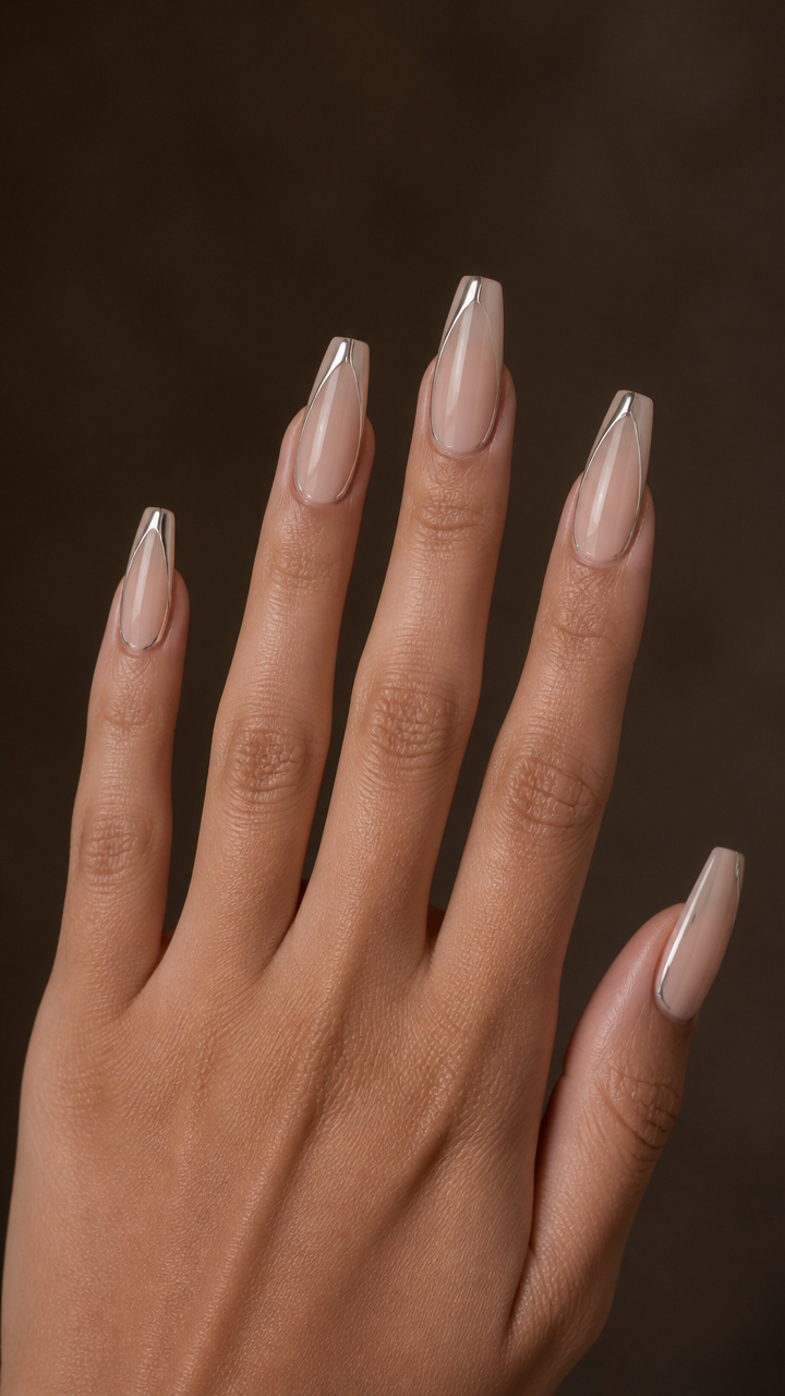 Sheer Nude Coffin Nails with Chrome Accents