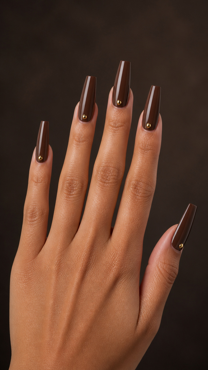 Chocolate Coffin Nails with Gold Stud Accents