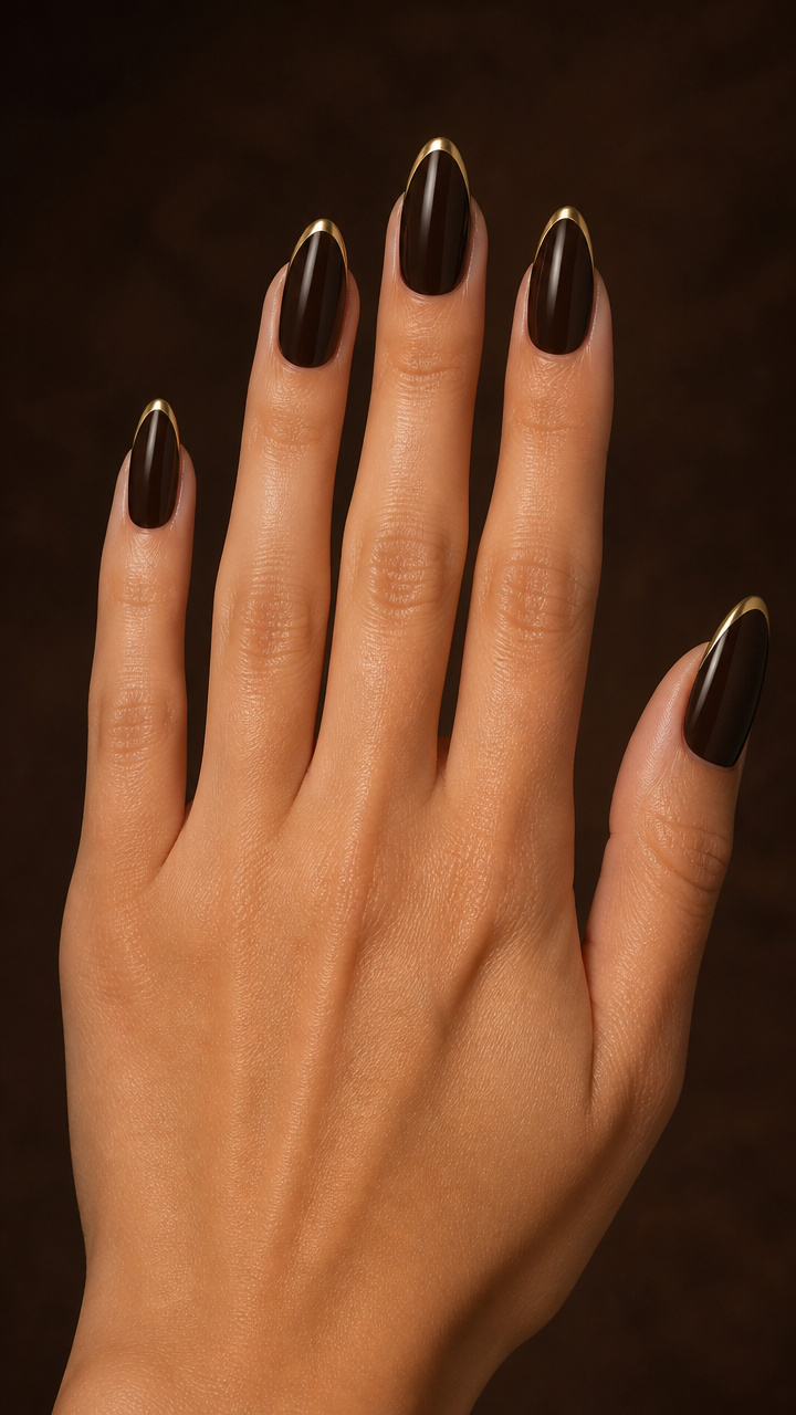 Espresso French Manicure with Gold Tip Liner