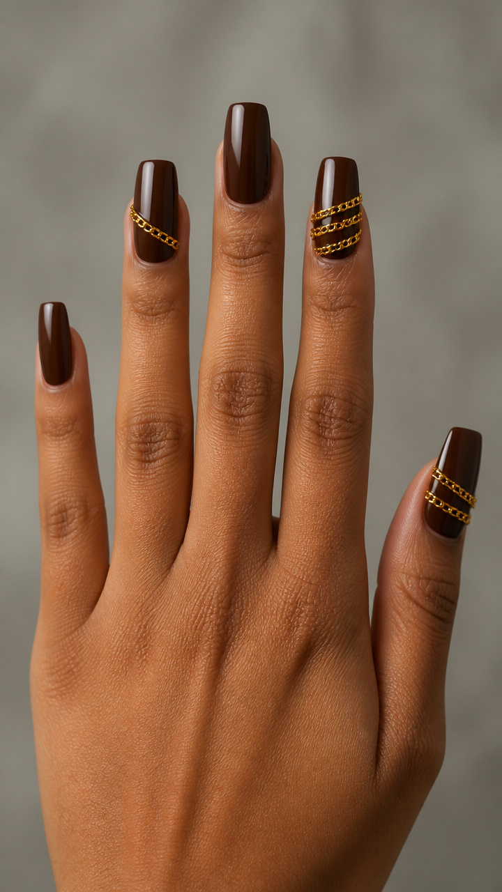Dark Fudge Nails with Gold Chain Accents