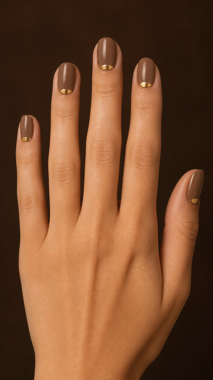 Nutty Beige Press-Ons with Gold Half-Moon Details