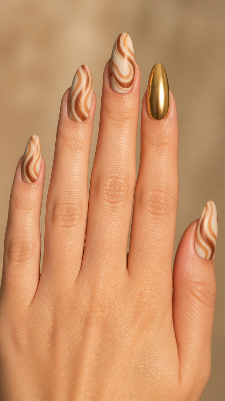 Cinnamon Swirl Dip Powder with Gold Accent Nail