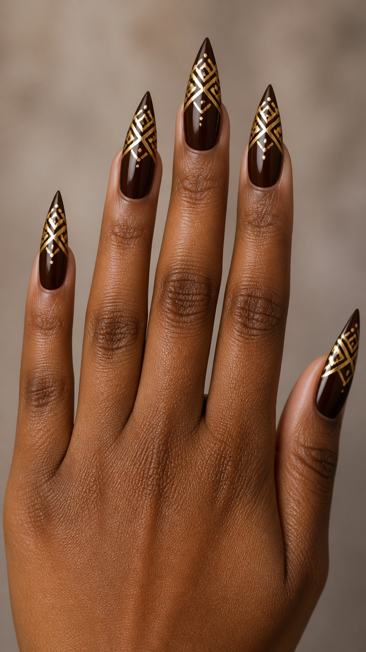 Rustic Brown Stiletto Nails with Gold Tribal Patterns