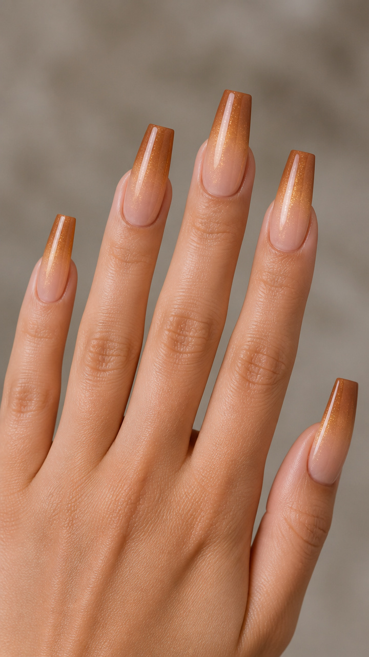 Caramel Coffin Tips with Shimmer Gradient