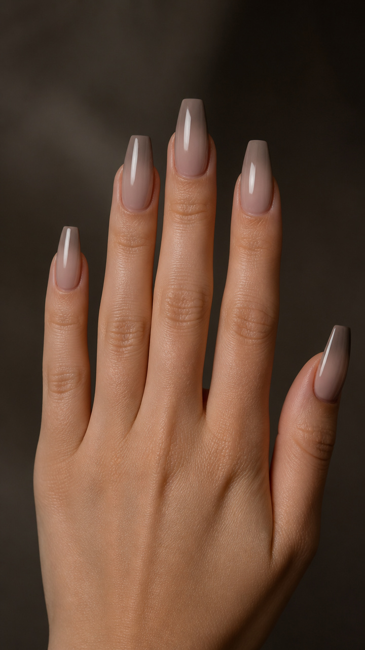 Taupe Coffin Nails with Sheer Ombre Base
