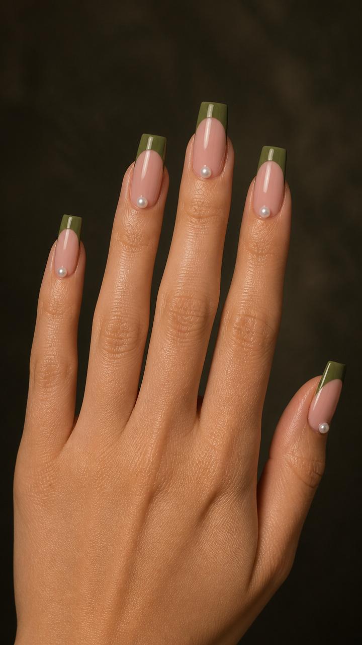 Olive Green Square Tips with Tiny Pearl Accent