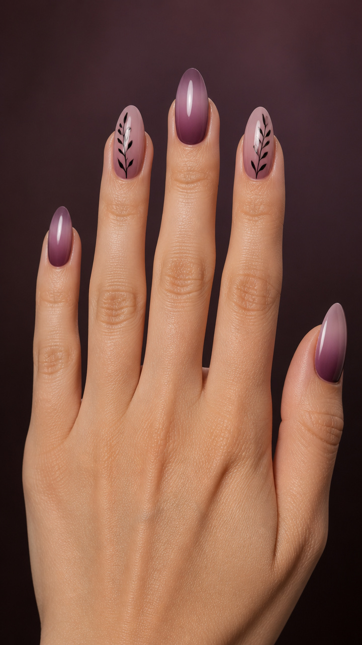 Mauve Ombré with Delicate Vine Art on Index Fingers