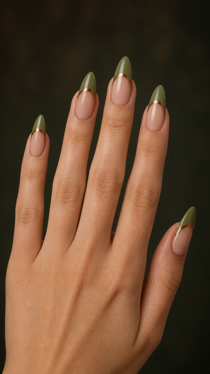 Moss Green Almond Tips with Copper Accents
