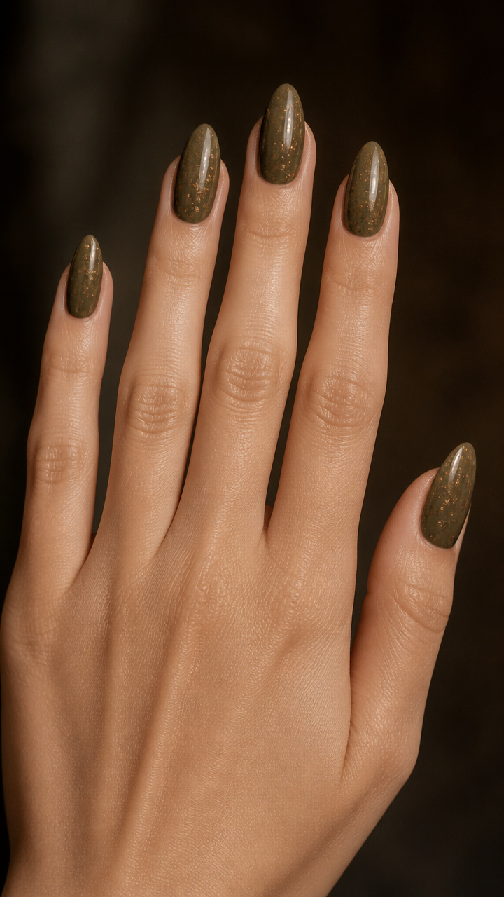 Olive Almond Nails with Bronze Fleck Accents