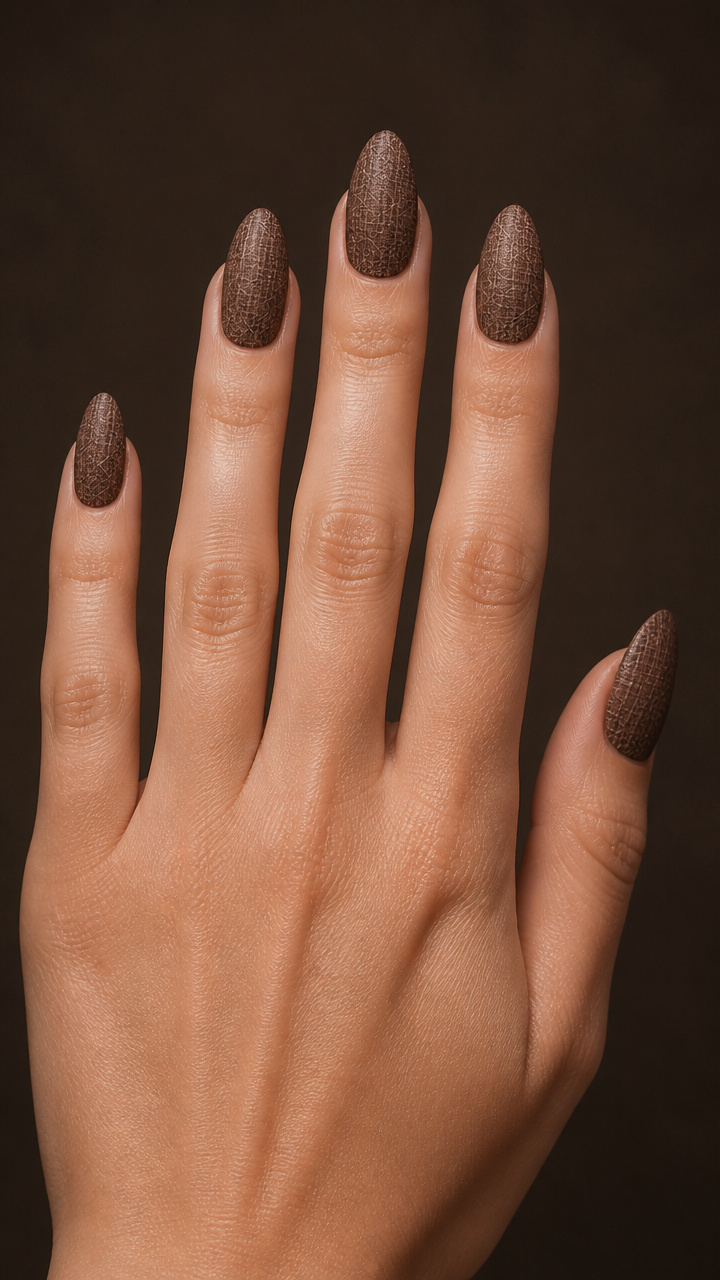 Walnut Brown Almond Nails with Linen-Inspired Etching