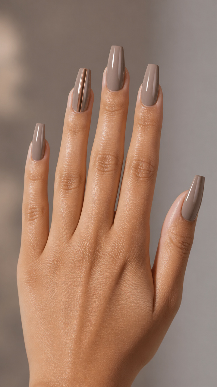 Warm Taupe Coffin Nails with Chrome Accent
