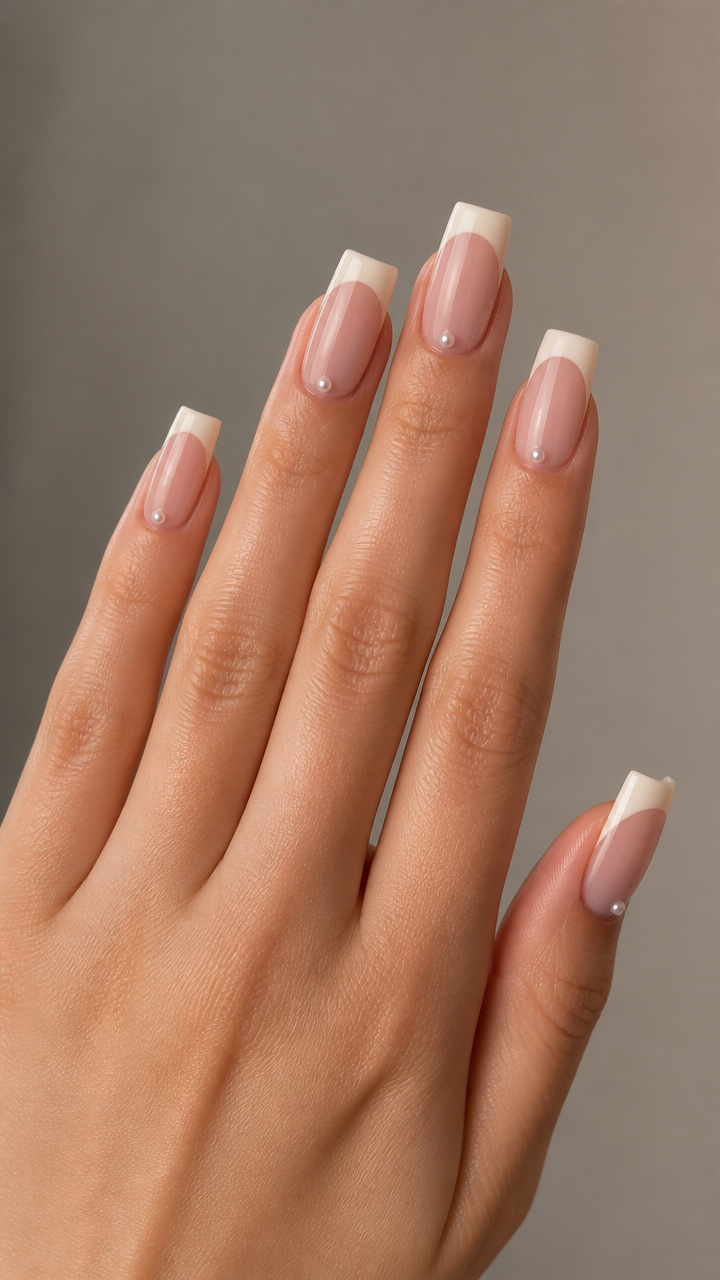 Vanilla Milk Square Tips with Tiny Pearls