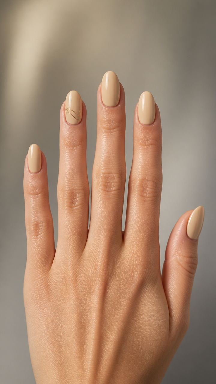 Creamy Sandstone Nails with Minimalist Line Art