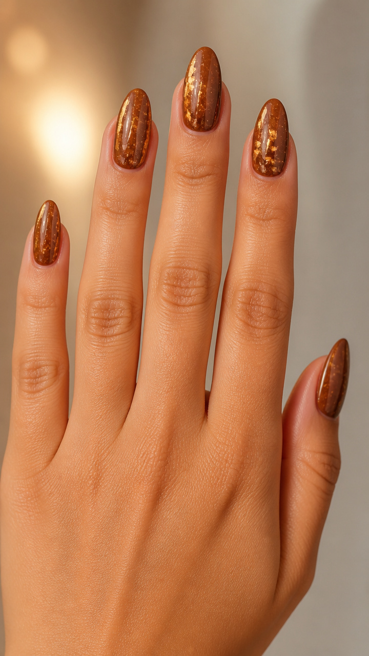 Pecan Glazed Nails with Gold Flecks