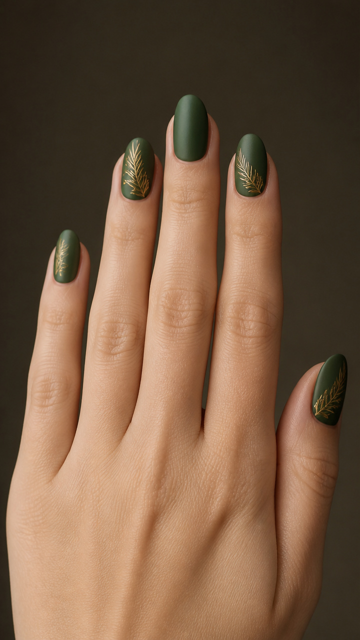 Matte Forest Green with Gold Pine Needle Art