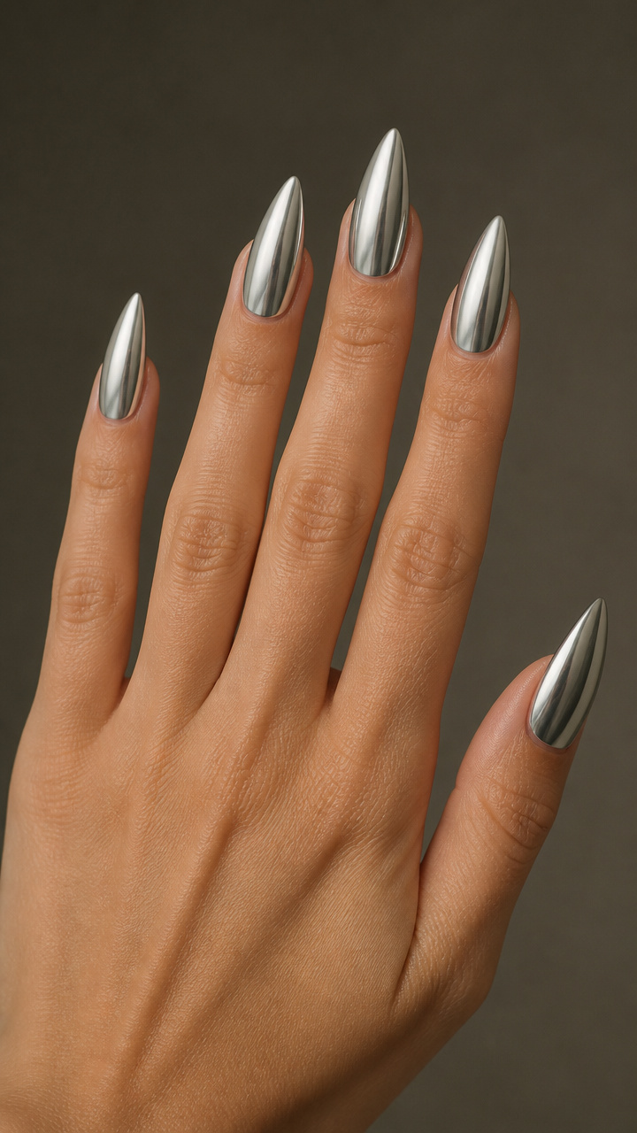 Icy Silver Chrome on Stiletto Nails