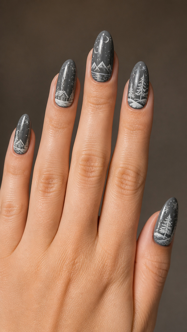 Charcoal Gray with White Doodle Snow Scenes