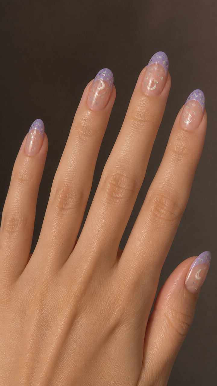 Pale Lavender Tips with Moon and Star Foil