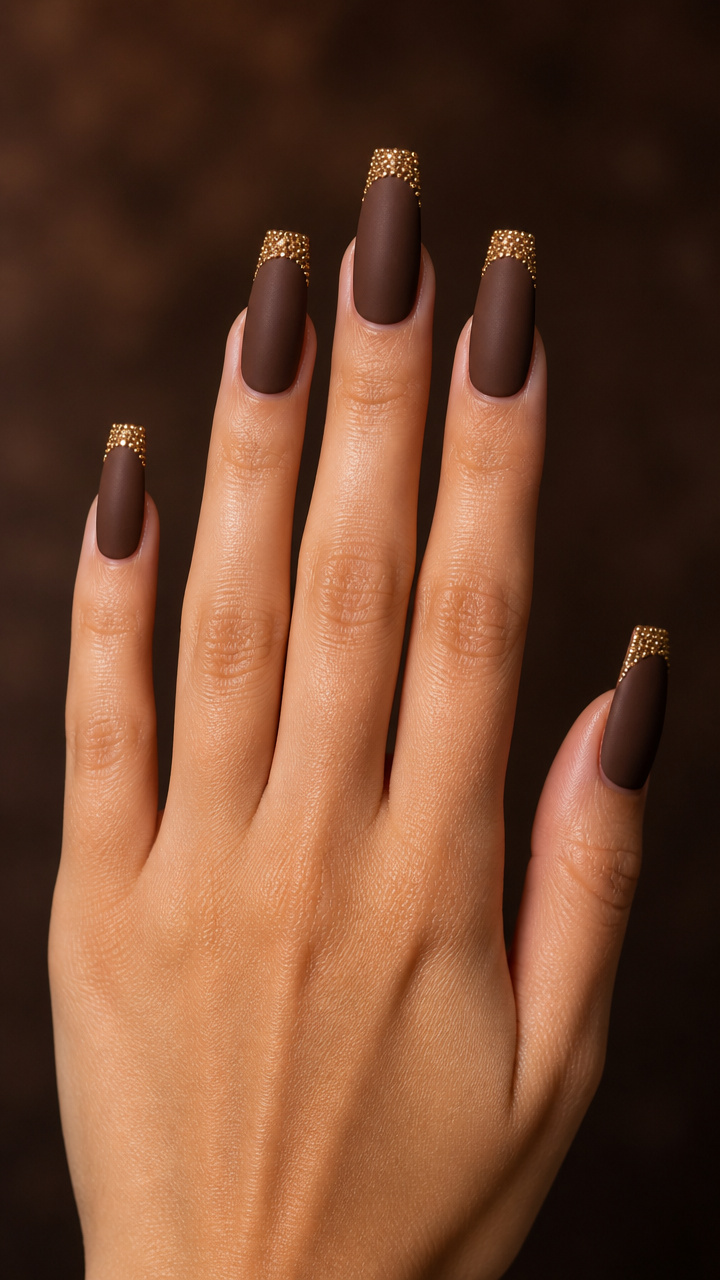 Matte Chocolate Coffin Nails with Gold Microbeads