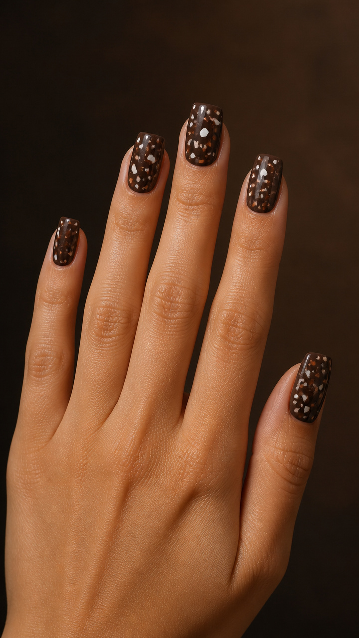Dark Brown Nails with Rustic Terrazzo Flecks