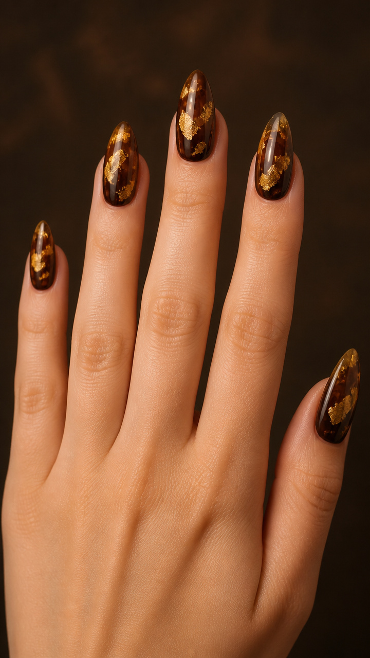 Dark Brown Nails with Floating Gold Leaf