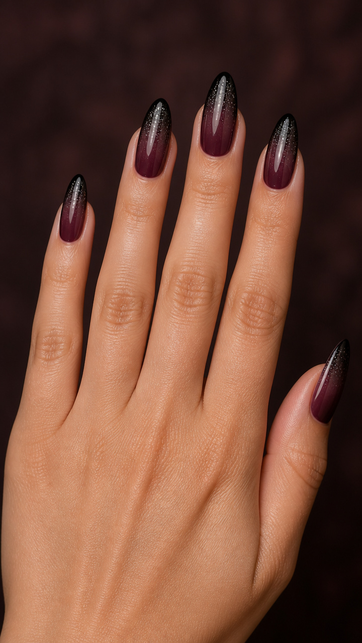 Blackened Plum Almond Tips with Silver Flecks