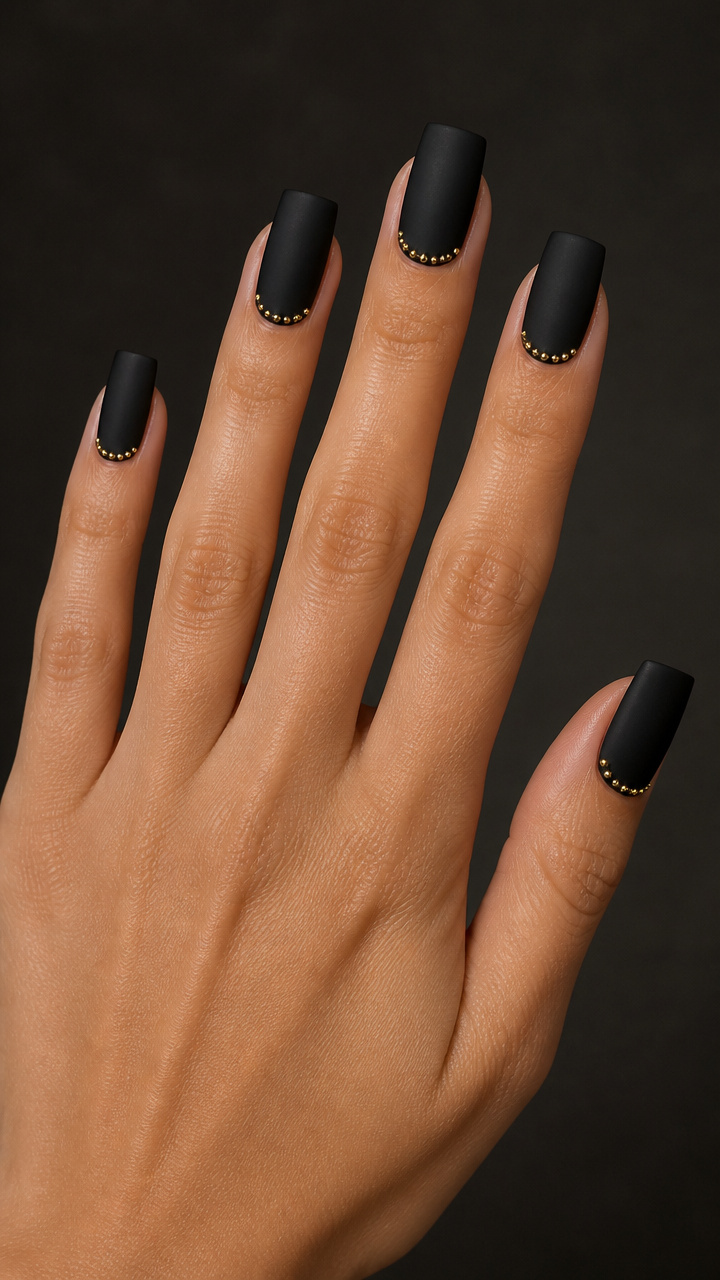 Velvet Black Square Nails with Gold Micro-Studs
