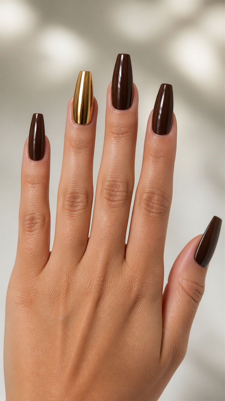 Chocolate Coffin Nails with Gold Chrome Accent