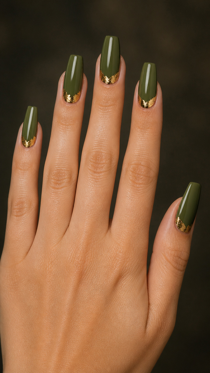 Moss Green Coffin Nails with Gold Leaf Accents