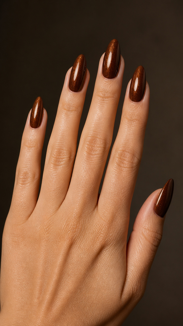 Chestnut Brown Almond Nails with Copper Shine