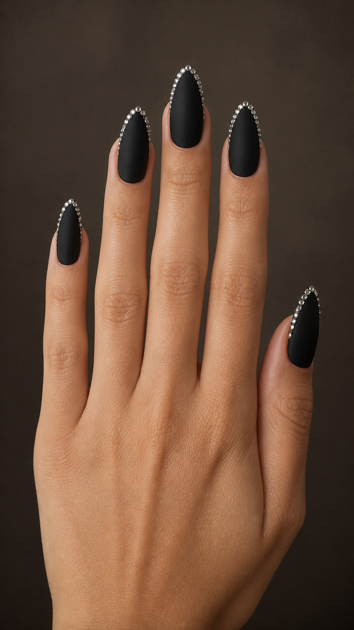 Black Velvet Matte Manicure with Rhinestone Border