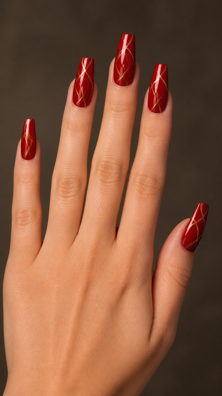 Crimson Red Coffin Nails with Gold Microstripes