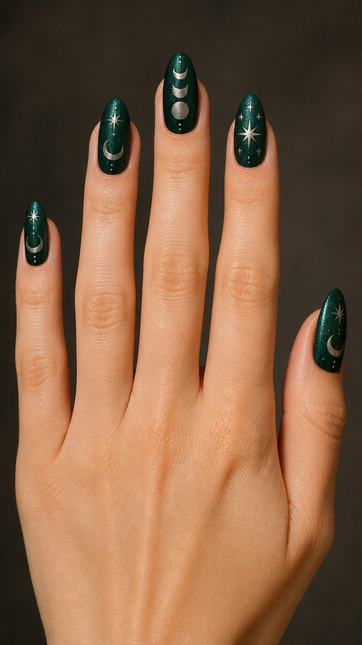 Emerald Green Shimmer with Moon Phase Art