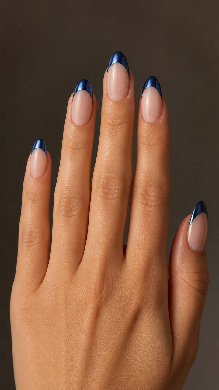 Midnight Blue Metallic French Tips on Almond Nails