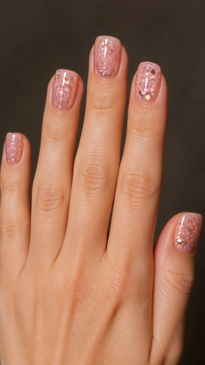 Rose Gold Holographic Confetti on Square Short Nails
