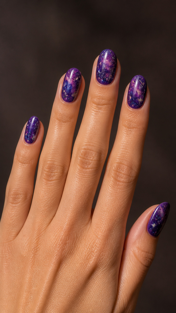 Purple Galaxy Nails with Glow-in-the-Dark Speckles