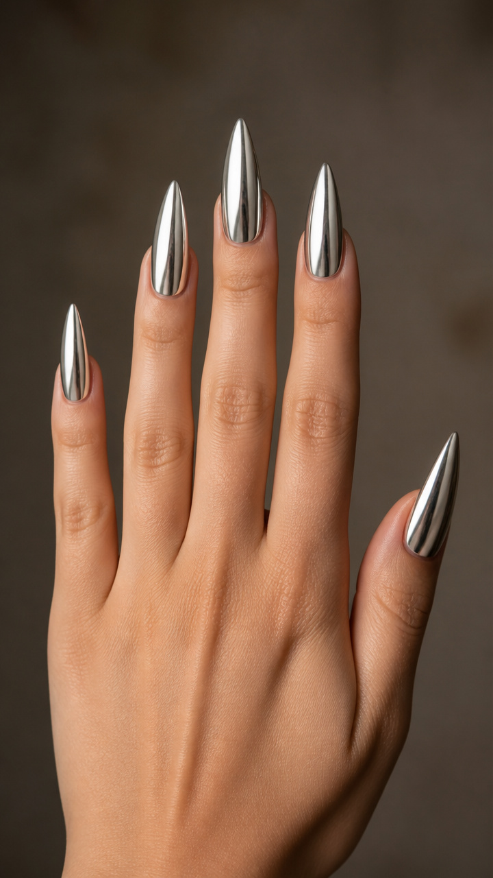Silver Mirror Chrome on Long Stiletto Nails