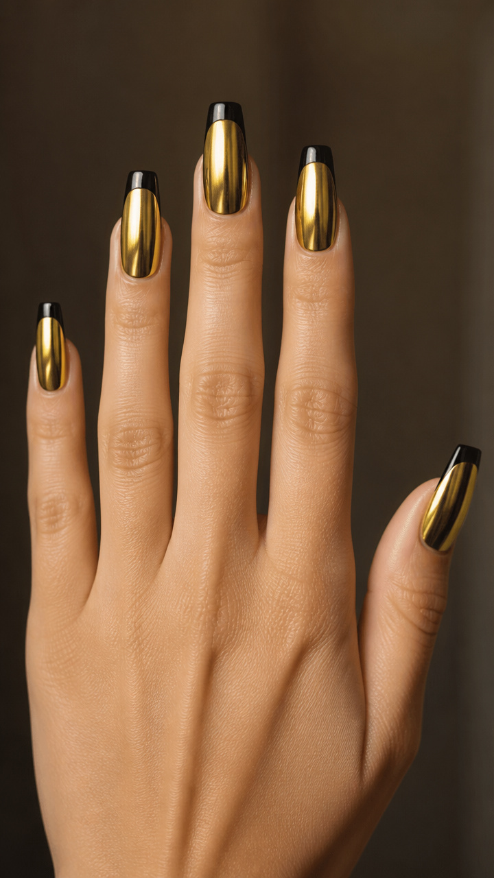 Chrome Gold Coffin Nails with Black Tips