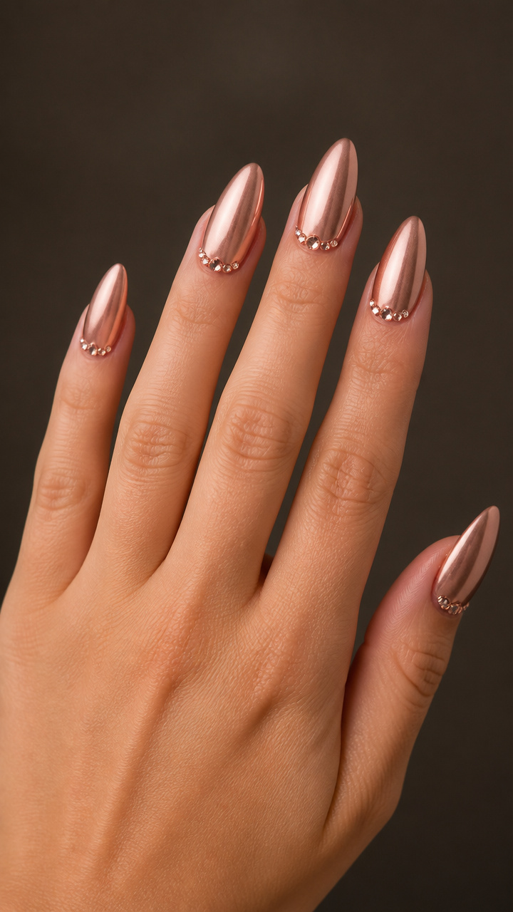 Rose Gold Almond Nails with Tiny Rhinestones