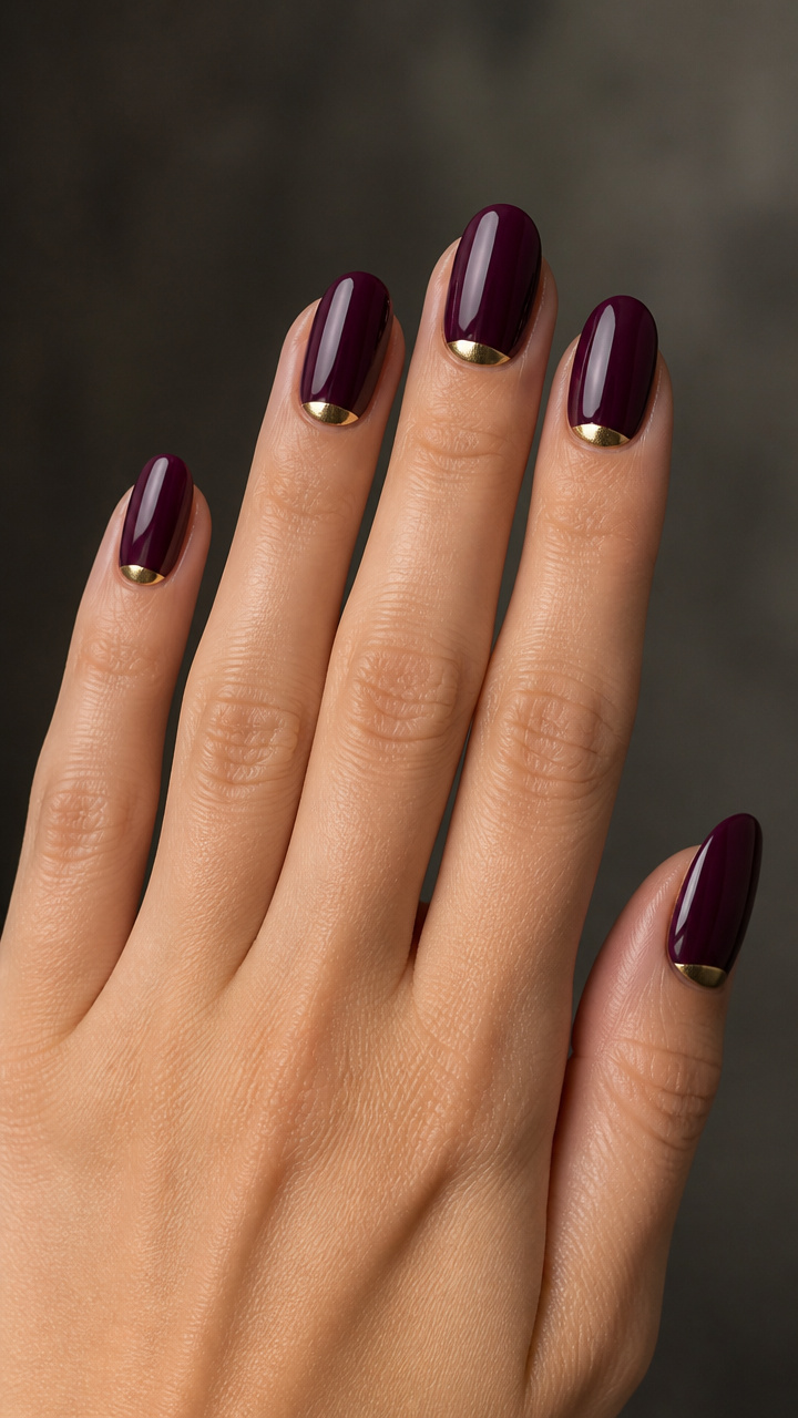 Half-Moon Gold Accent on Deep Plum Nails