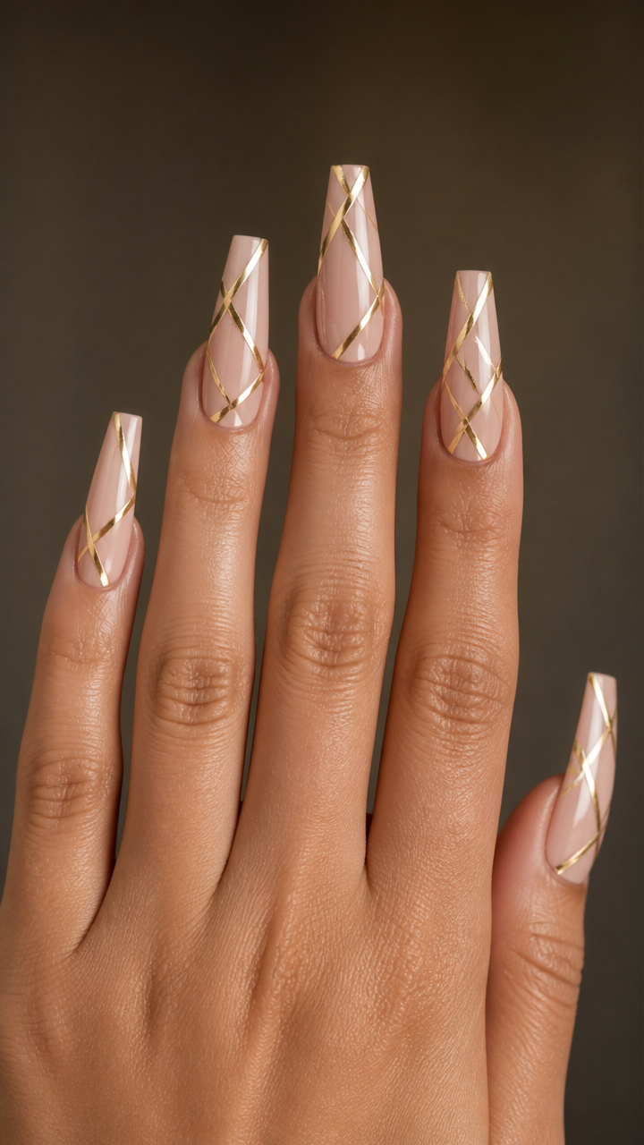 Geometric Gold Lines on Nude Coffin Nails