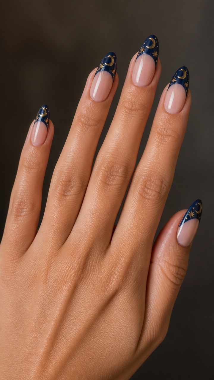 Golden Moon and Stars on Navy Blue Tips