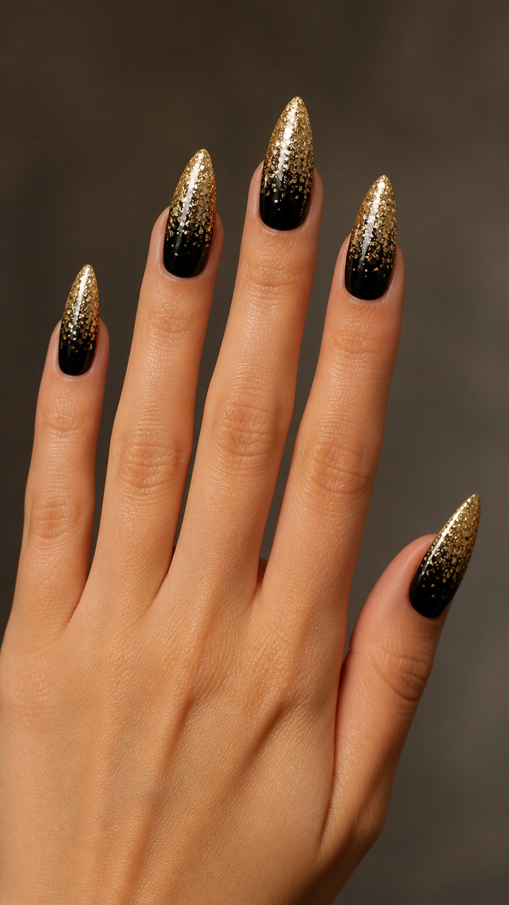 Glitter Gradient Gold Over Black Nails