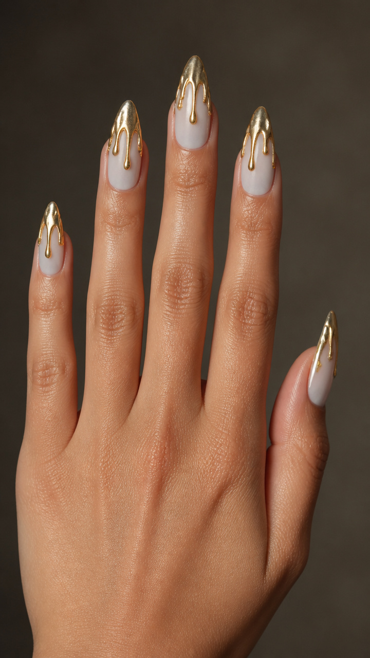 Gold Drip Effect on Frosted White Nails