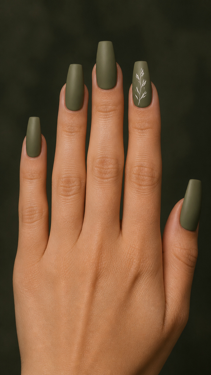 Moss Green Matte Coffin with Minimalist Vine Art