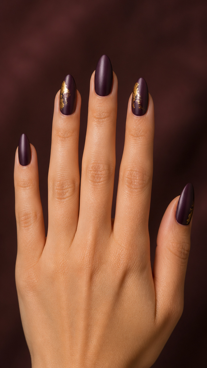 Deep Plum Almond Nails With Gold Leaf Accents