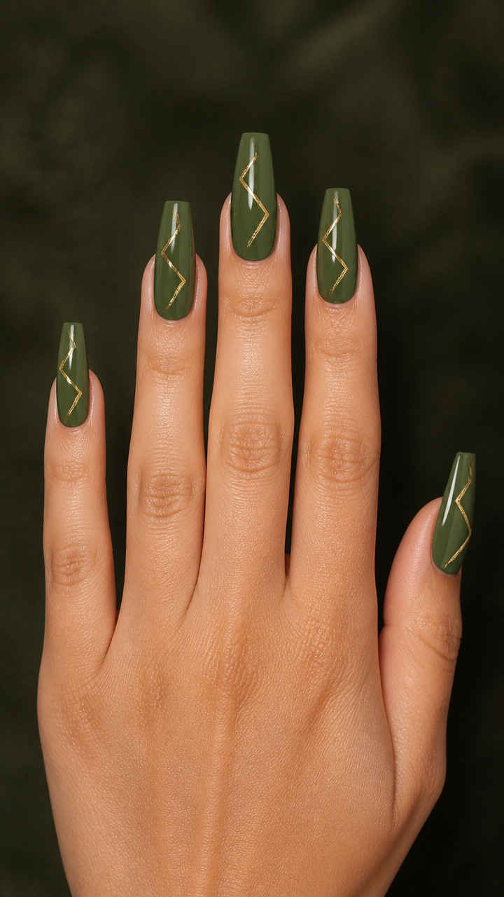 Moss Green Coffin Nails With Gold Zigzag Lines