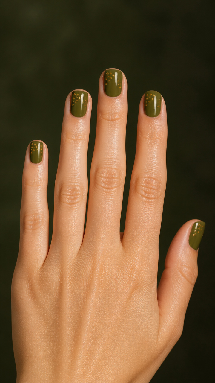 Olive Green Short Square Nails With Gold Dots