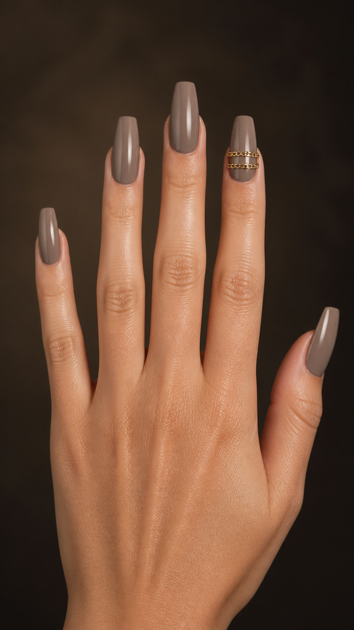 Taupe Coffin Nails With Gold Chain Detail