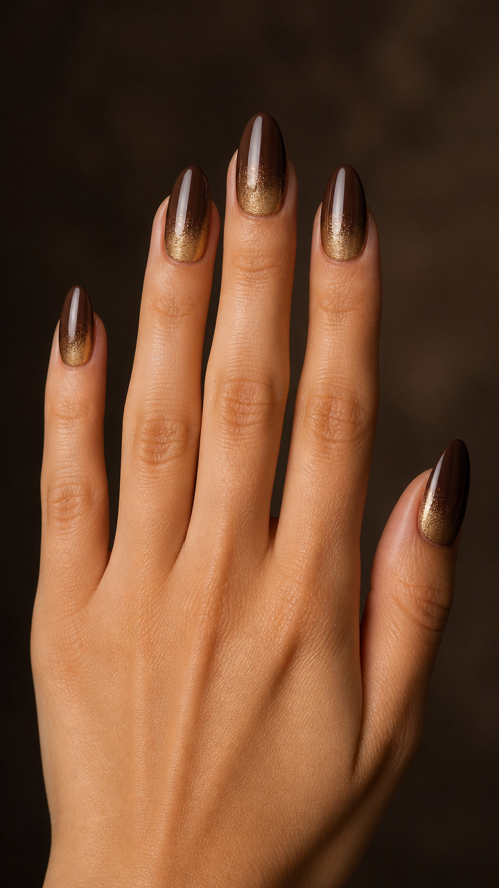 Chocolate Brown Almond Nails With Gold Inner Glow